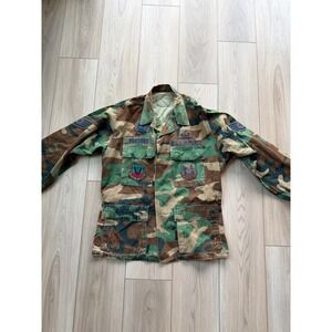 Vintage US Air Force BDU Field Jacket Mens Camo Ripstop Patched Woodland Camo